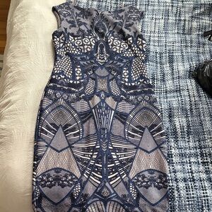 Blue and White Sheath Midi Dress for Wedding Guest